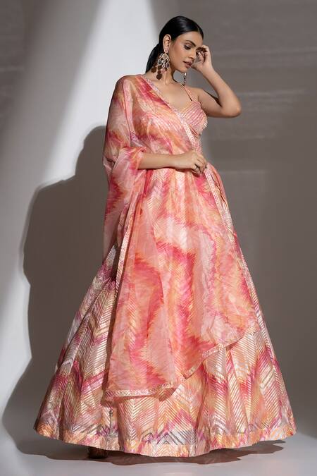 Ellemora Fashions_Pink Chanderi Sequins, Lace, Beads Palette Chevron Pattern Lehenga Set_Online_at_Aza_Fashions
