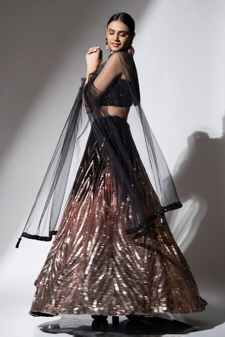 Shop Ellemora Fashions Black Net Sequins, Beads Sweetheart Neck Delight Embellished Lehenga Set Online at Aza Fashions Shop_Ellemora Fashions_Black Net Sequins, Beads Sweetheart Neck Delight Embellished Lehenga Set_Online_at_Aza_Fashions