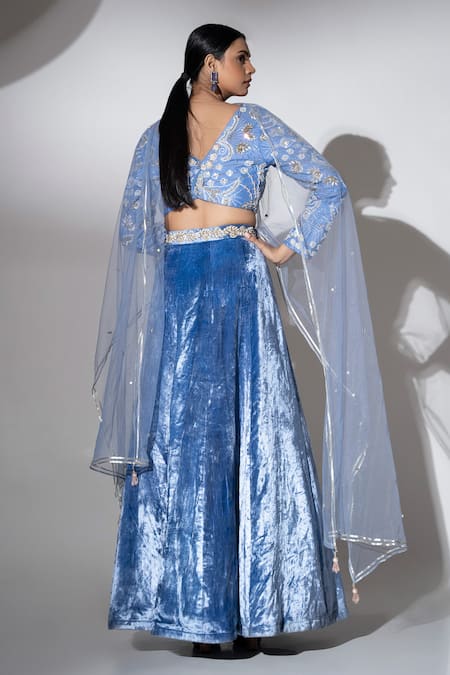 Shop Ellemora Fashions Blue Net, Velvet Sequins, Beads Royal Charm Solid Lehenga Embellished Blouse Set at Aza Fashions Shop_Ellemora Fashions_Blue Net, Velvet Sequins, Beads Royal Charm Solid Lehenga Embellished Blouse Set _at_Aza_Fashions
