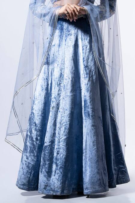 Ellemora Fashions Blue Net, Velvet Sequins, Beads Royal Charm Solid Lehenga Embellished Blouse Set Online at Aza Fashions Ellemora Fashions_Blue Net, Velvet Sequins, Beads Royal Charm Solid Lehenga Embellished Blouse Set _Online_at_Aza_Fashions