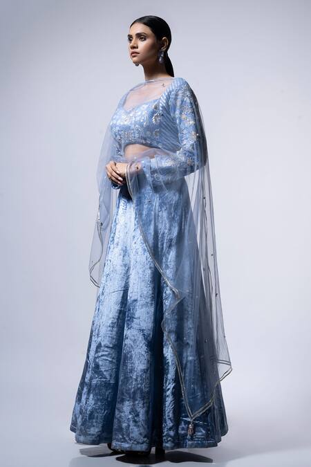 Buy Ellemora Fashions Blue Net, Velvet Sequins, Beads Royal Charm Solid Lehenga Embellished Blouse Set Online at Aza Fashions Buy_Ellemora Fashions_Blue Net, Velvet Sequins, Beads Royal Charm Solid Lehenga Embellished Blouse Set _Online_at_Aza_Fashions