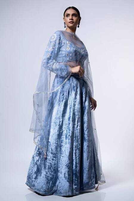 Shop Ellemora Fashions Blue Net, Velvet Sequins, Beads Royal Charm Solid Lehenga Embellished Blouse Set Online at Aza Fashions Shop_Ellemora Fashions_Blue Net, Velvet Sequins, Beads Royal Charm Solid Lehenga Embellished Blouse Set _Online_at_Aza_Fashions