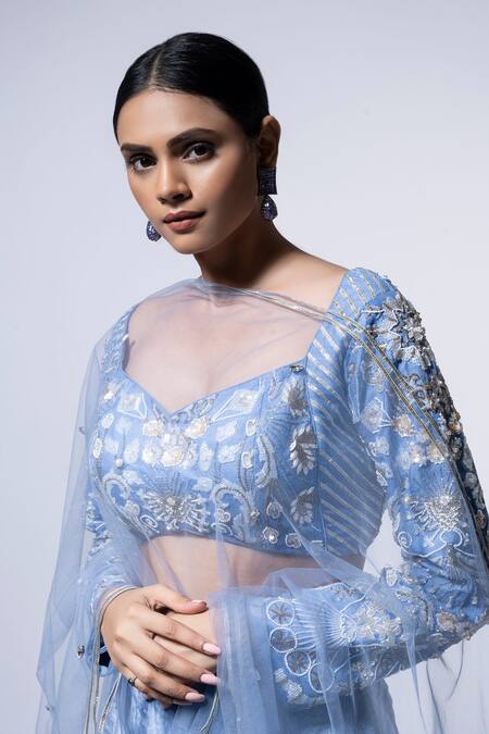 Ellemora Fashions Blue Net, Velvet Sequins, Beads Royal Charm Solid Lehenga Embellished Blouse Set at Aza Fashions Ellemora Fashions_Blue Net, Velvet Sequins, Beads Royal Charm Solid Lehenga Embellished Blouse Set _at_Aza_Fashions