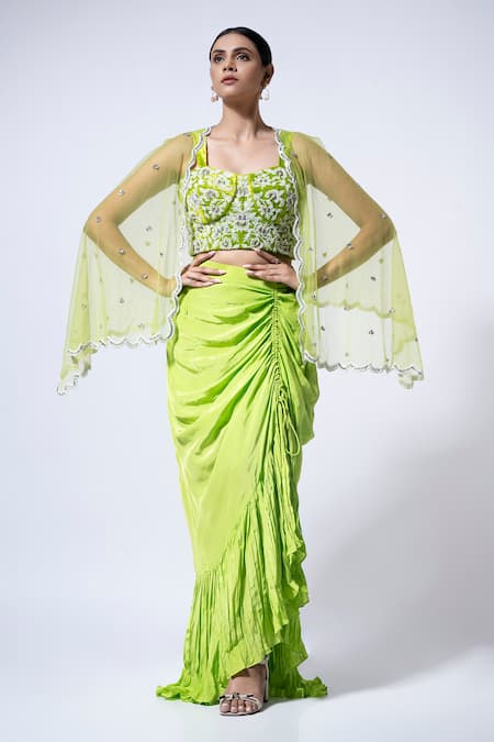 Ellemora fashions Green Velvet Embellished Bead Shrug Open Drape Charm Floral Blouse Cape Set 