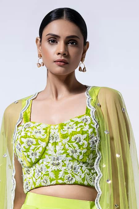 Ellemora Fashions Green Velvet, Chiffon, Crepe Beads Sweetheart Drape Charm Floral Blouse Cape Set Online at Aza Fashions Ellemora Fashions_Green Velvet, Chiffon, Crepe Beads Sweetheart Drape Charm Floral Blouse Cape Set _Online_at_Aza_Fashions