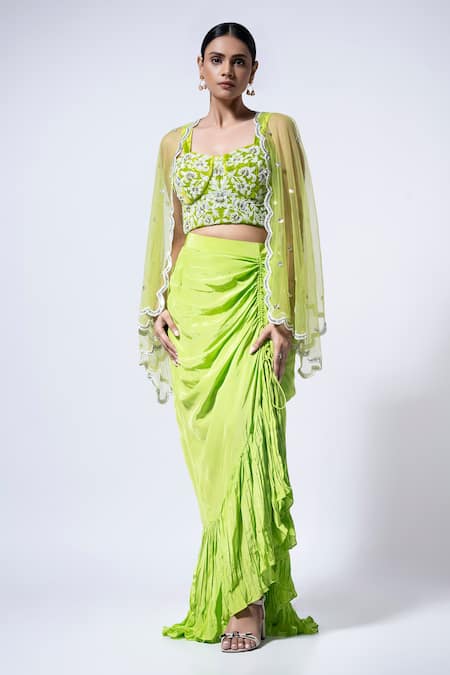 Shop Ellemora Fashions Green Velvet, Chiffon, Crepe Beads Sweetheart Drape Charm Floral Blouse Cape Set Online at Aza Fashions Shop_Ellemora Fashions_Green Velvet, Chiffon, Crepe Beads Sweetheart Drape Charm Floral Blouse Cape Set _Online_at_Aza_Fashions
