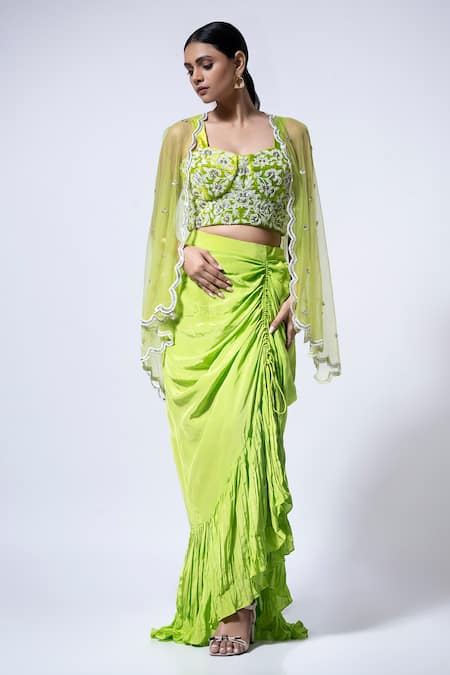 Ellemora Fashions Green Velvet, Chiffon, Crepe Beads Sweetheart Drape Charm Floral Blouse Cape Set at Aza Fashions Ellemora Fashions_Green Velvet, Chiffon, Crepe Beads Sweetheart Drape Charm Floral Blouse Cape Set _at_Aza_Fashions