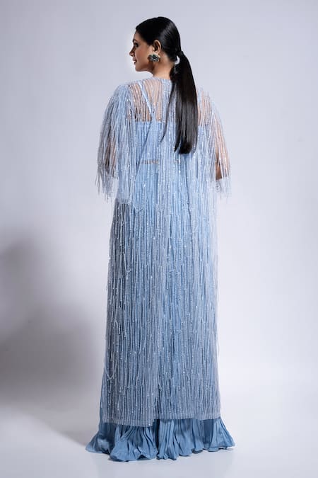 Shop_Ellemora Fashions_Blue Net, Crepe Sequins, Beads Sweetheart Neck, Embellished Shrug Palazzo Set _at_Aza_Fashions