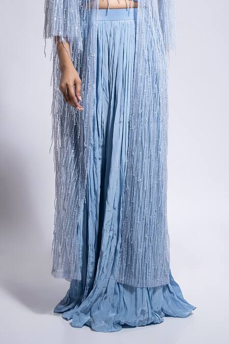 Ellemora Fashions_Blue Net, Crepe Sequins, Beads Sweetheart Neck, Embellished Shrug Palazzo Set _Online_at_Aza_Fashions
