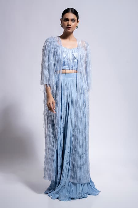 Buy_Ellemora Fashions_Blue Net, Crepe Sequins, Beads Sweetheart Neck, Embellished Shrug Palazzo Set _Online_at_Aza_Fashions