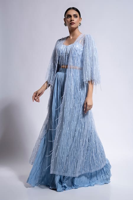 Shop_Ellemora Fashions_Blue Net, Crepe Sequins, Beads Sweetheart Neck, Embellished Shrug Palazzo Set _Online_at_Aza_Fashions