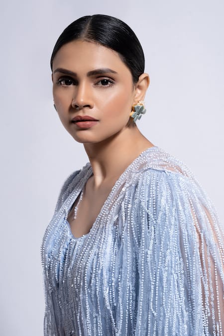 Ellemora Fashions_Blue Net, Crepe Sequins, Beads Sweetheart Neck, Embellished Shrug Palazzo Set _at_Aza_Fashions