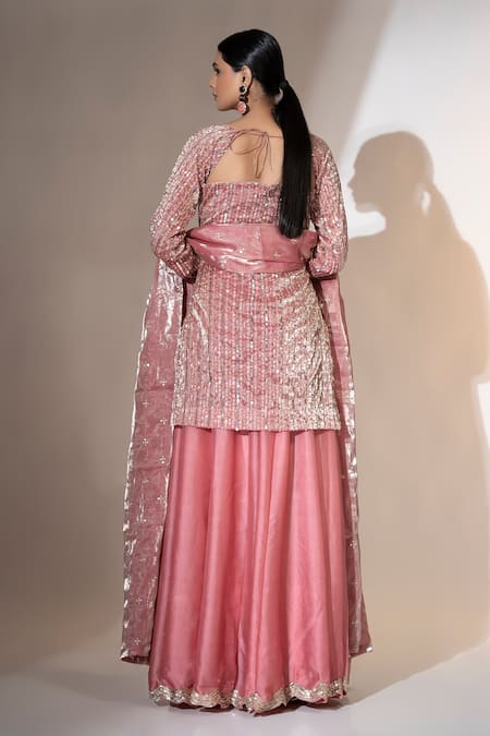 Shop_Ellemora Fashions_Pink Tissue Sequins Square Neck Rose Bliss Embellished Kurta Palazzo Set _at_Aza_Fashions