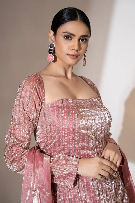 Buy_Ellemora Fashions_Pink Tissue Sequins Square Neck Rose Bliss Embellished Kurta Palazzo Set _Online_at_Aza_Fashions