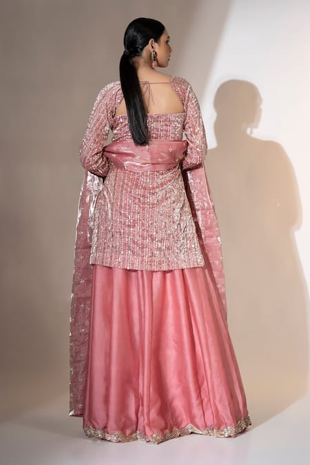 Shop_Ellemora Fashions_Pink Tissue Sequins Square Neck Rose Bliss Embellished Kurta Palazzo Set _Online_at_Aza_Fashions
