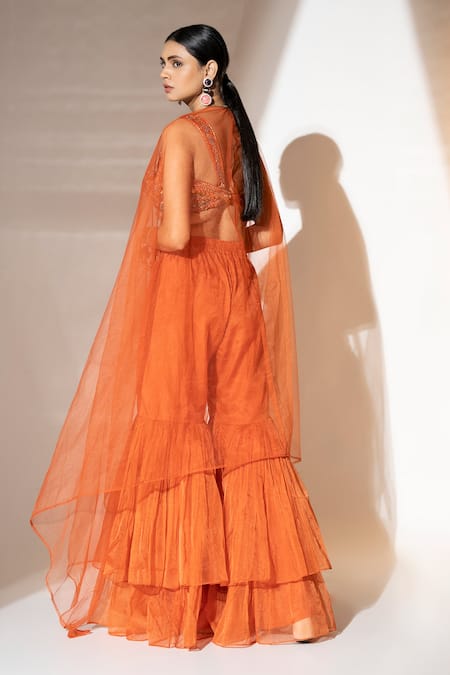Ellemora Fashions_Orange Satin, Organza, Net Sequins, Beads Rustic Charm Sheer Shrug Sharara Set _Online_at_Aza_Fashions
