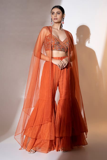 Buy_Ellemora Fashions_Orange Satin, Organza, Net Sequins, Beads Rustic Charm Sheer Shrug Sharara Set _Online_at_Aza_Fashions