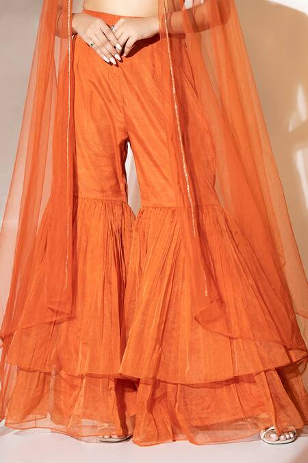 Shop_Ellemora Fashions_Orange Satin, Organza, Net Sequins, Beads Rustic Charm Sheer Shrug Sharara Set _Online_at_Aza_Fashions