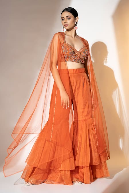 Ellemora Fashions_Orange Satin, Organza, Net Sequins, Beads Rustic Charm Sheer Shrug Sharara Set _at_Aza_Fashions
