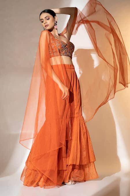 Buy_Ellemora Fashions_Orange Satin, Organza, Net Sequins, Beads Rustic Charm Sheer Shrug Sharara Set 