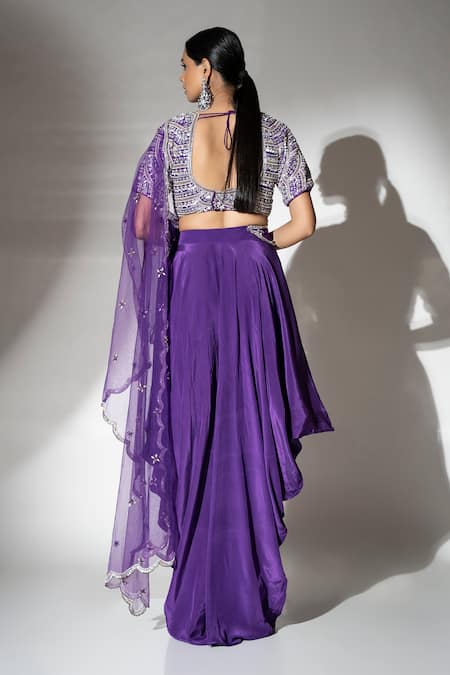 Shop Ellemora Fashions Purple Crepe, Chiffon Sequins, Beads Regal Embellished Blouse Drape Pant Set at Aza Fashions Shop_Ellemora Fashions_Purple Crepe, Chiffon Sequins, Beads Regal Embellished Blouse Drape Pant Set _at_Aza_Fashions