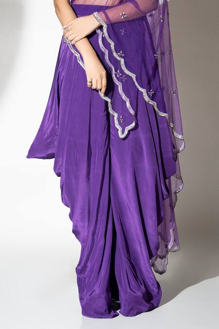 Ellemora Fashions Purple Crepe, Chiffon Sequins, Beads Regal Embellished Blouse Drape Pant Set Online at Aza Fashions Ellemora Fashions_Purple Crepe, Chiffon Sequins, Beads Regal Embellished Blouse Drape Pant Set _Online_at_Aza_Fashions