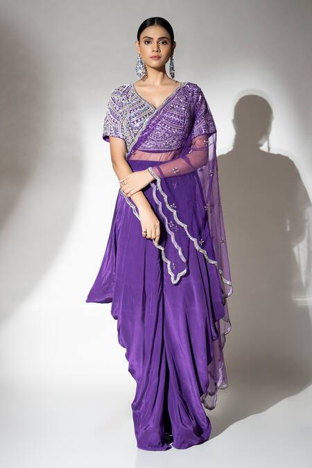 Buy Ellemora Fashions Purple Crepe, Chiffon Sequins, Beads Regal Embellished Blouse Drape Pant Set Online at Aza Fashions Buy_Ellemora Fashions_Purple Crepe, Chiffon Sequins, Beads Regal Embellished Blouse Drape Pant Set _Online_at_Aza_Fashions