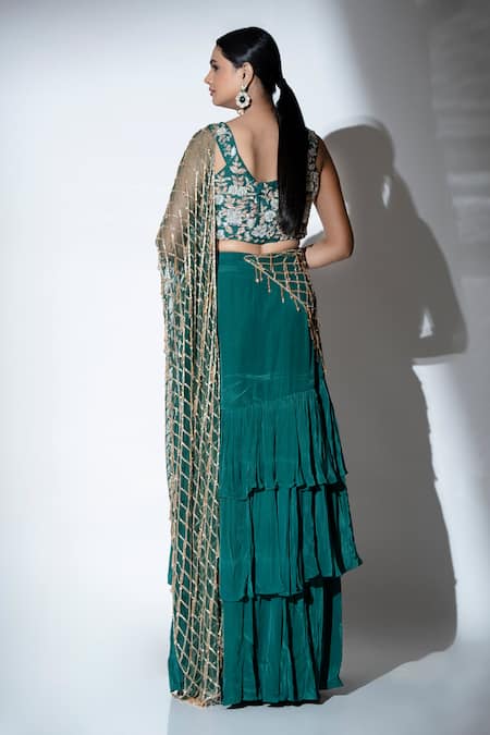 Ellemora Fashions_Green Crepe Beads, Sequins Glimmer Tiered Ruffle Pre-draped Saree With Blouse _Online_at_Aza_Fashions