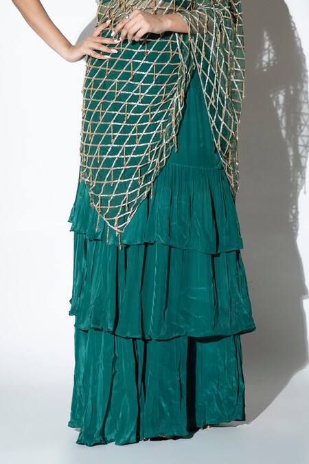 Buy_Ellemora Fashions_Green Crepe Beads, Sequins Glimmer Tiered Ruffle Pre-draped Saree With Blouse _Online_at_Aza_Fashions