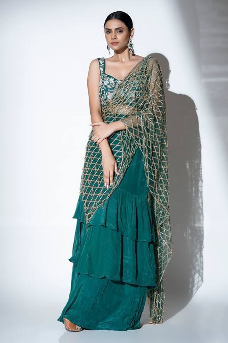 Shop_Ellemora Fashions_Green Crepe Beads, Sequins Glimmer Tiered Ruffle Pre-draped Saree With Blouse _Online_at_Aza_Fashions