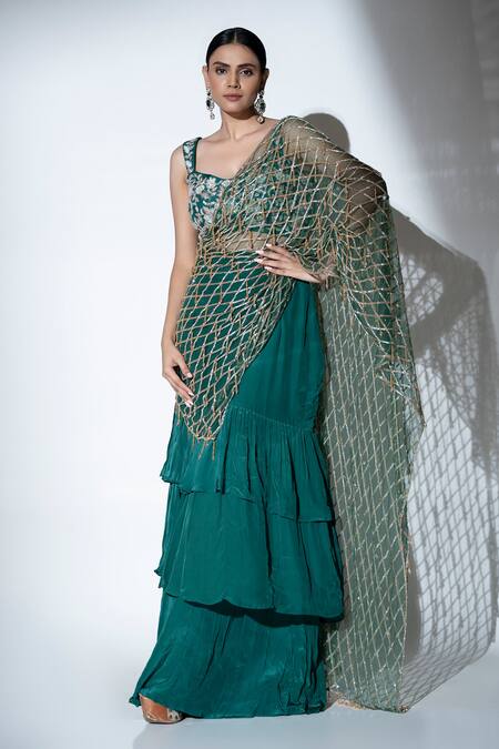 Ellemora Fashions_Green Crepe Beads, Sequins Glimmer Tiered Ruffle Pre-draped Saree With Blouse _at_Aza_Fashions