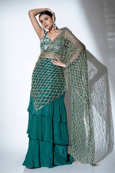 Buy_Ellemora Fashions_Green Crepe Beads, Sequins Glimmer Tiered Ruffle Pre-draped Saree With Blouse 
