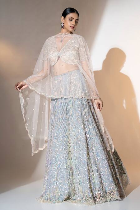 Buy_Ellemora Fashions_Grey Net Sequins, Beads V-neck Charm Floral Embellished Lehenga Set _Online_at_Aza_Fashions