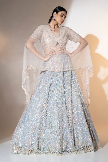 Ellemora Fashions_Grey Net Sequins, Beads V-neck Charm Floral Embellished Lehenga Set _at_Aza_Fashions