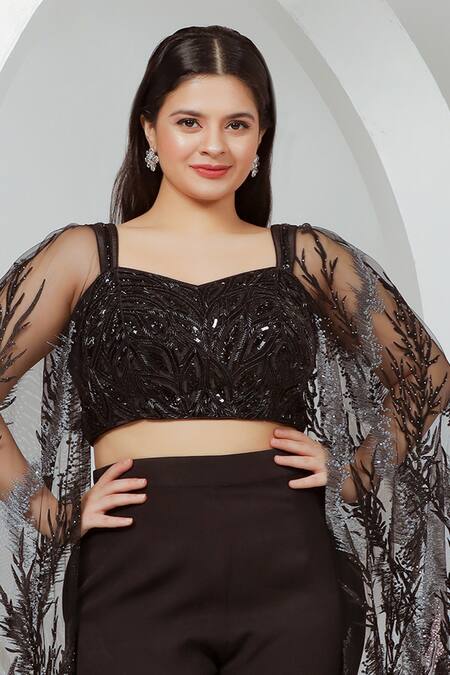 Ellemora Fashions_Black Net, Satin, Cotton, Silk Beads, Charm Hand Work Cape Blouse With Sharara_Online_at_Aza_Fashions