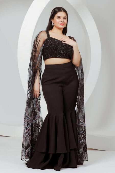 Buy_Ellemora Fashions_Black Net, Satin, Cotton, Silk Beads, Charm Hand Work Cape Blouse With Sharara_Online_at_Aza_Fashions