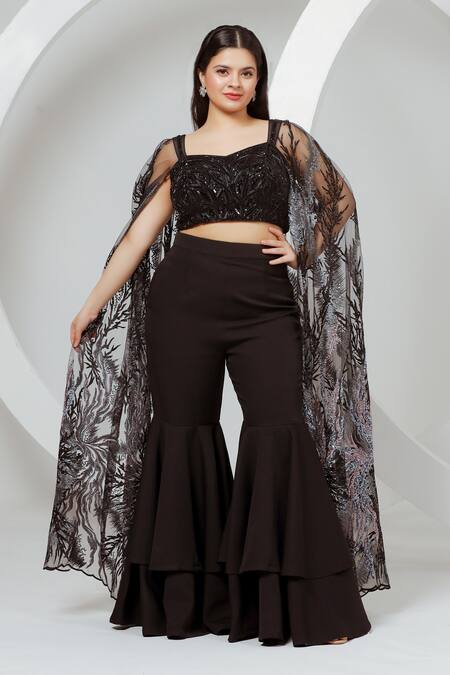 Ellemora Fashions_Black Net, Satin, Cotton, Silk Beads, Charm Hand Work Cape Blouse With Sharara_at_Aza_Fashions