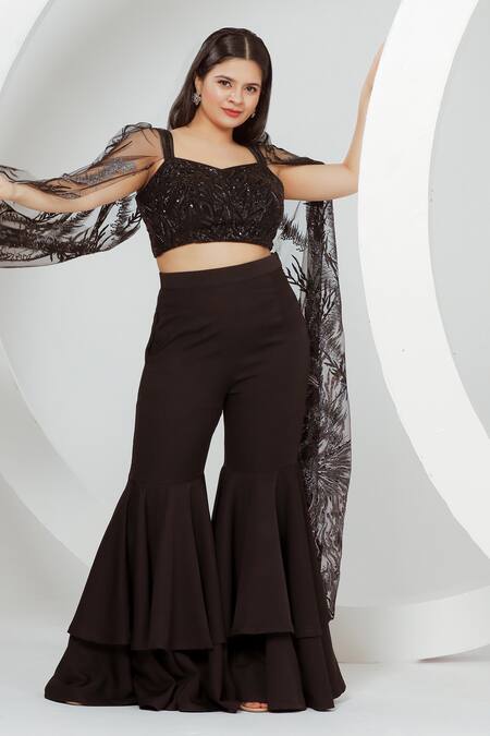 Buy_Ellemora Fashions_Black Net, Satin, Cotton, Silk Beads, Charm Hand Work Cape Blouse With Sharara