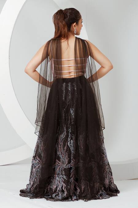 Shop_Ellemora Fashions_Pink Net Embroidery Sweetheart Neck Floral Hand Corset Lehenga Set_at_Aza_Fashions