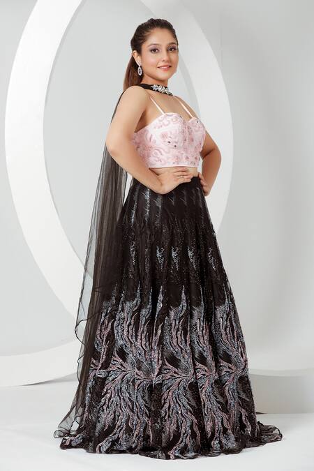 Shop_Ellemora Fashions_Pink Net Embroidery Sweetheart Neck Floral Hand Corset Lehenga Set_Online_at_Aza_Fashions