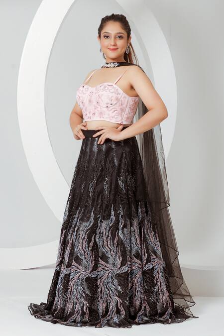 Ellemora Fashions_Pink Net Embroidery Sweetheart Neck Floral Hand Corset Lehenga Set_at_Aza_Fashions