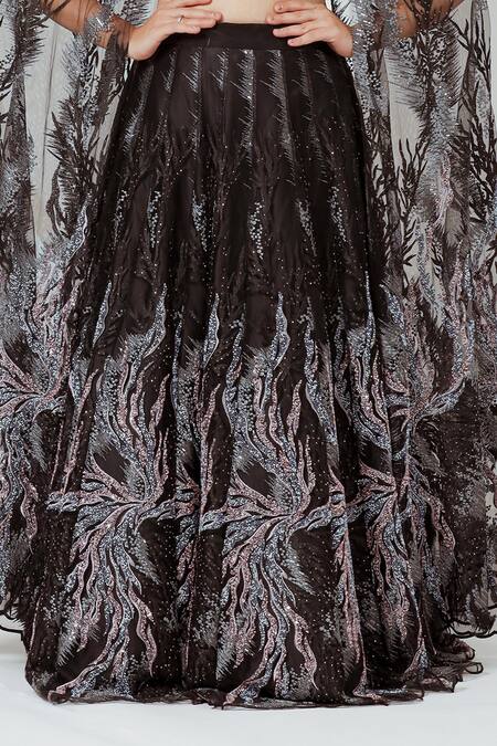 Ellemora Fashions_Black Net, Chanderi Sequins, Mystery Hand Embroidered Blouse With Lehenga_Online_at_Aza_Fashions