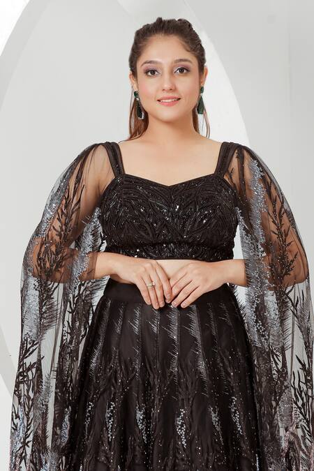 Buy_Ellemora Fashions_Black Net, Chanderi Sequins, Mystery Hand Embroidered Blouse With Lehenga_Online_at_Aza_Fashions