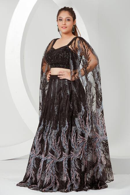 Shop_Ellemora Fashions_Black Net, Chanderi Sequins, Mystery Hand Embroidered Blouse With Lehenga_Online_at_Aza_Fashions