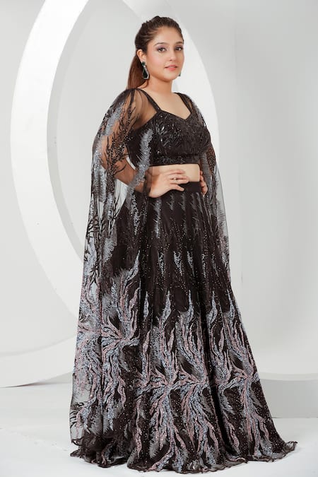 Ellemora Fashions_Black Net, Chanderi Sequins, Mystery Hand Embroidered Blouse With Lehenga_at_Aza_Fashions