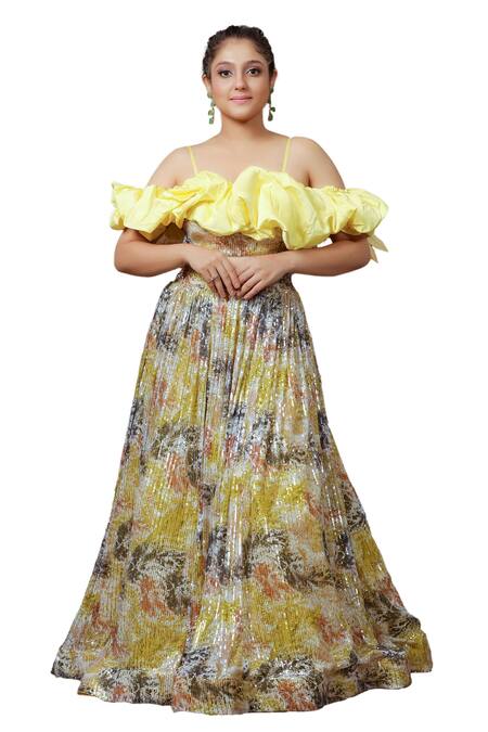 Ellemora Fashions Yellow Georgette Sequins Off-shoulder Melody Embroidered Lehenga With Blouse Online at Aza Fashions Ellemora Fashions_Yellow Georgette Sequins Off-shoulder Melody Embroidered Lehenga With Blouse _Online_at_Aza_Fashions