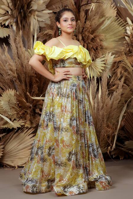 Shop Ellemora Fashions Yellow Georgette Sequins Off-shoulder Melody Embroidered Lehenga With Blouse Online at Aza Fashions Shop_Ellemora Fashions_Yellow Georgette Sequins Off-shoulder Melody Embroidered Lehenga With Blouse _Online_at_Aza_Fashions