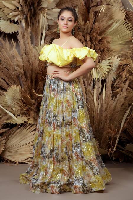Ellemora Fashions Yellow Georgette Sequins Off-shoulder Melody Embroidered Lehenga With Blouse at Aza Fashions Ellemora Fashions_Yellow Georgette Sequins Off-shoulder Melody Embroidered Lehenga With Blouse _at_Aza_Fashions