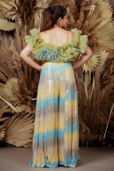 Shop Ellemora Fashions Multi Color Imported Net Ruffle Delight Detailed Jumpsuit at Aza Fashions Shop_Ellemora Fashions_Multi Color Imported Net Ruffle Delight Detailed Jumpsuit_at_Aza_Fashions