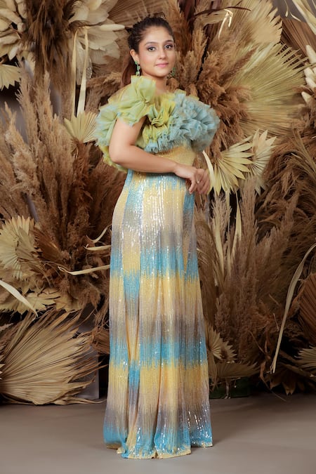 Ellemora Fashions Multi Color Imported Net Ruffle Delight Detailed Jumpsuit Online at Aza Fashions Ellemora Fashions_Multi Color Imported Net Ruffle Delight Detailed Jumpsuit_Online_at_Aza_Fashions